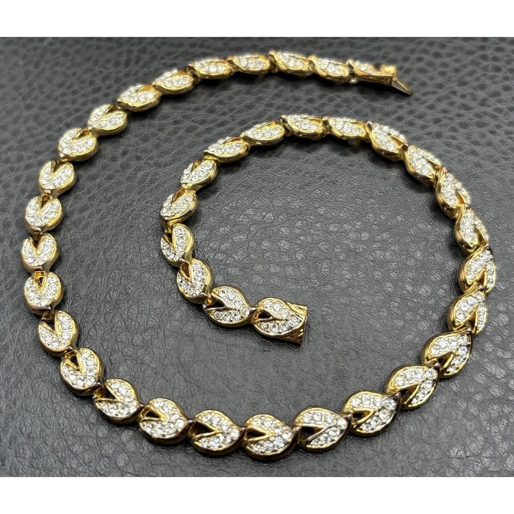Vintage Signed Crystal Rhinestone Leaf Link Choker Necklace Gold Tone 16"